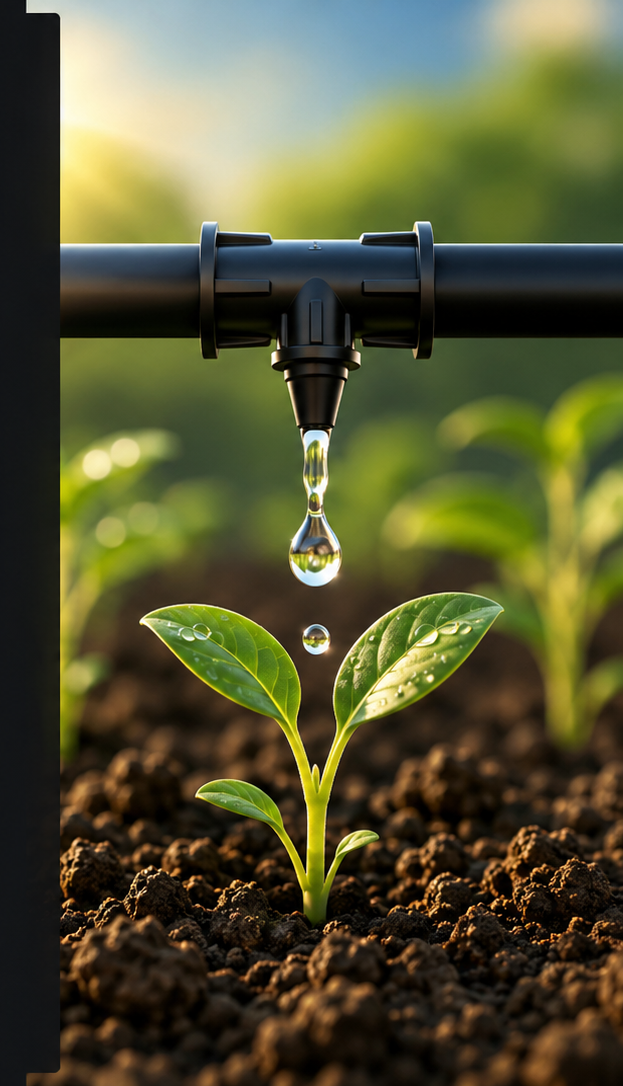 Drip irrigation watering a young plant in an agricultural field